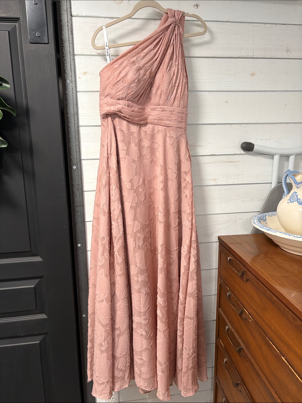 One-Shoulder Dusty Rose Lace Evening Dress with pockets